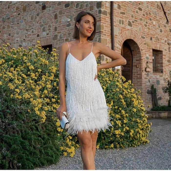 Women's Sequin Fringe Party Dress with Feather Trim