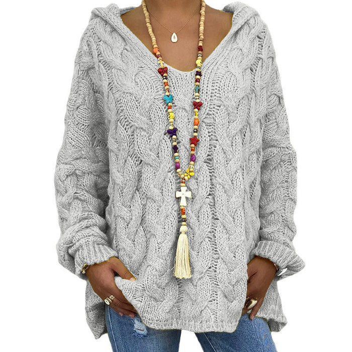 Women's Cable Knit Hooded Jumper Oversized Relaxed Fit