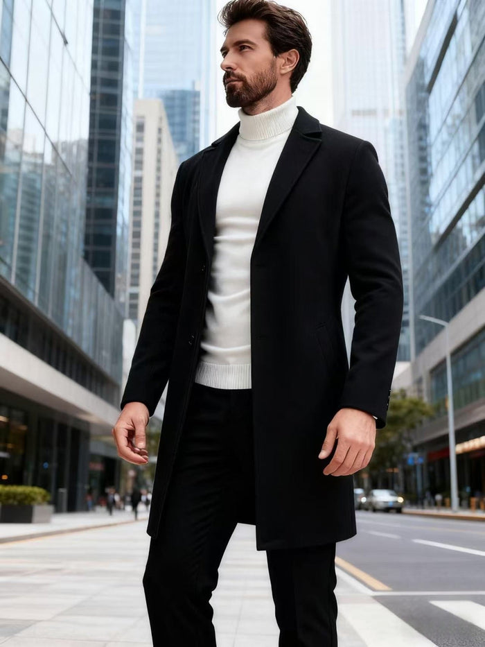 Men's Single-Breasted Overcoat Notch Lapel Knee-Length