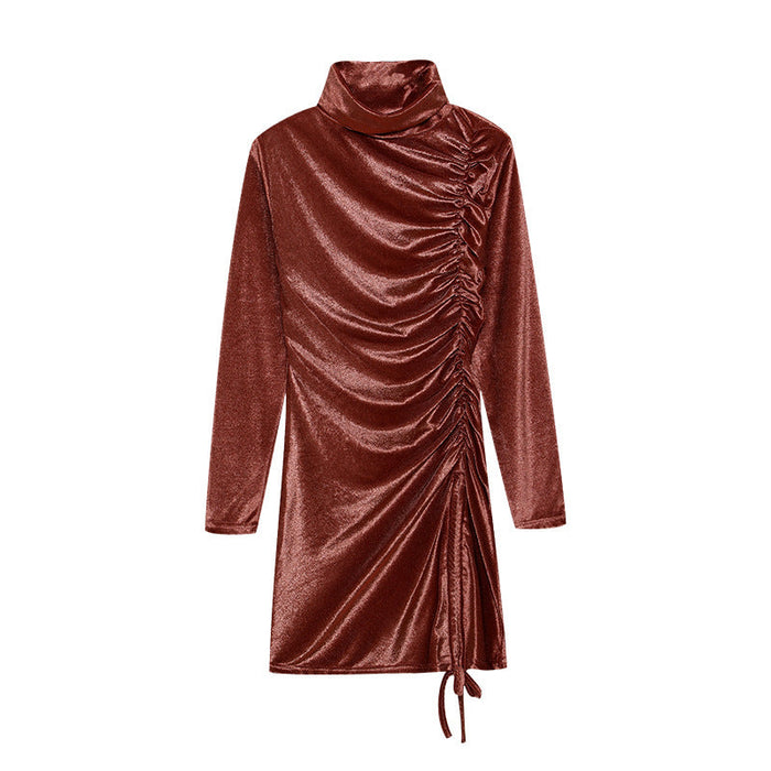 Women's Ruched Bodycon Mini Dress with High Neck