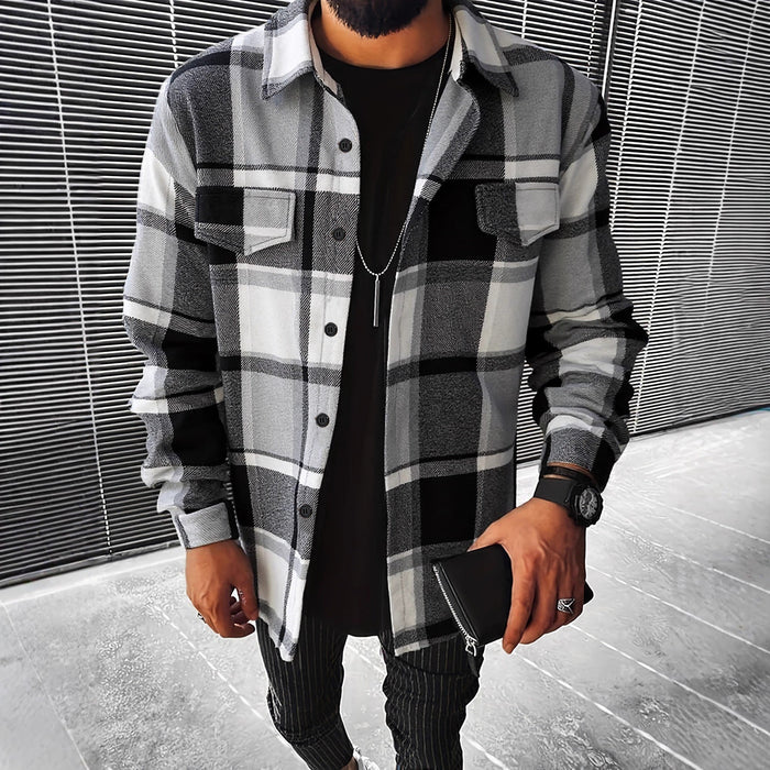 Men's Check Flannel Shirt with Button Front and Chest Pockets