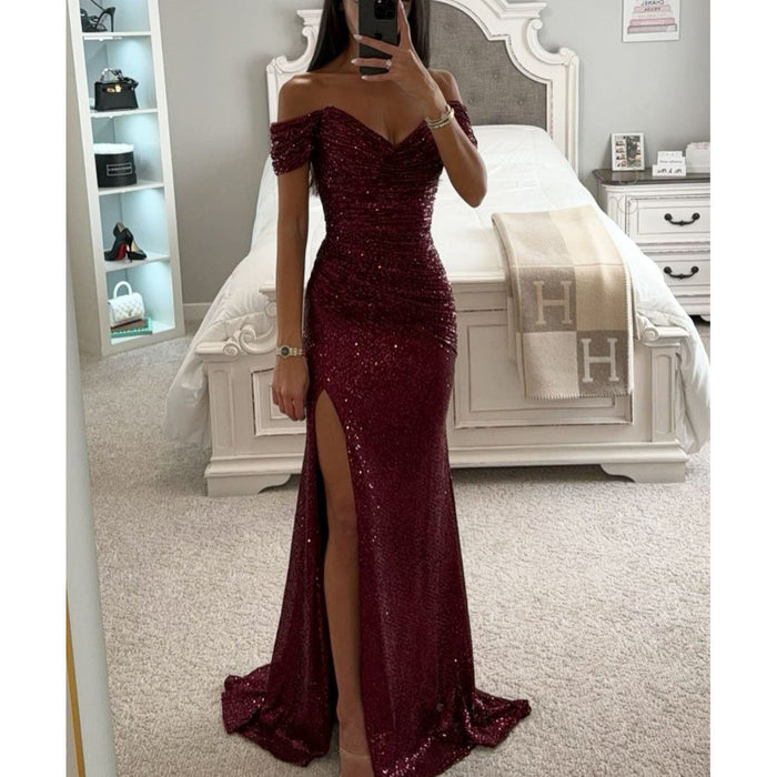 Women's Sequin Off-Shoulder Gown with Thigh Slit