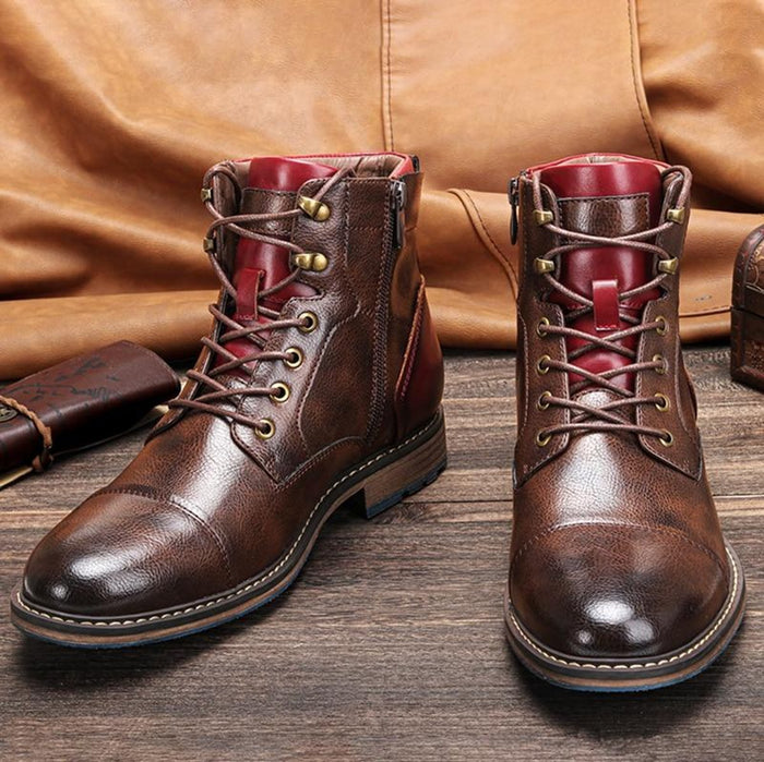 Men's Lace-Up Ankle Boots with Side Zip and Cap Toe