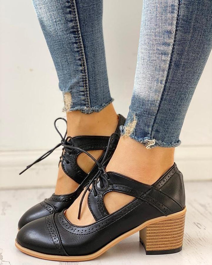 Women's Lace-Up Oxford Heeled Boots with Brogue Detail
