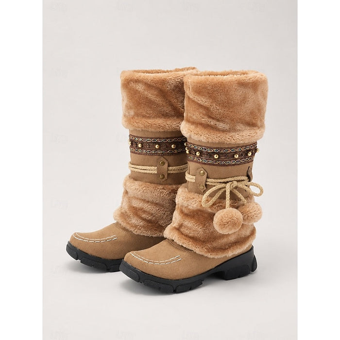 Women's Mid-Calf Winter Boots with Faux Fur Trim and Pom-Pom